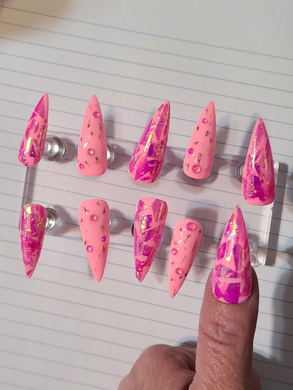 Pink Stiletto Press-On Nails with Gold Foil Accent